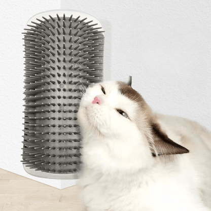 White cat rubbing against a corner-mounted tickling comb self-grooming brush
