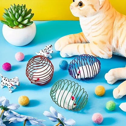 3pcs Colorful Spring Toy Set - Keep Your Cat Entertained With Interactive Rolling Balls & Mouse Toys