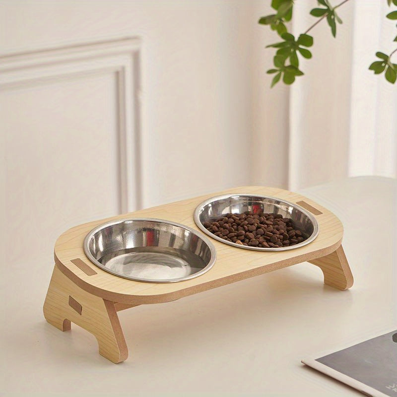 1 Set Elevated Cat Feeding Station, Stainless Steel Bowls with Solid Wood Stand, Raised Food and Water Dishes for Cats, No Battery Required, Elevated Cat Bowls|Sleek Bowl Design|Durable Pet Bowls
