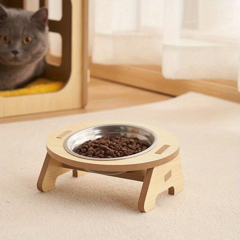 1 Set Elevated Cat Feeding Station, Stainless Steel Bowls with Solid Wood Stand, Raised Food and Water Dishes for Cats, No Battery Required, Elevated Cat Bowls|Sleek Bowl Design|Durable Pet Bowls