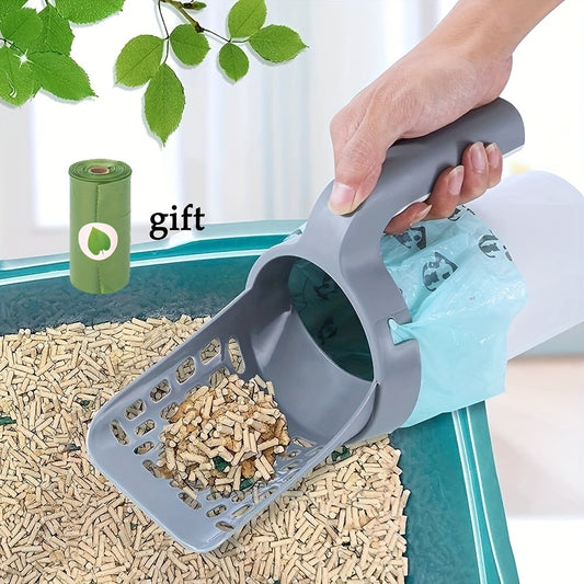 Cat litter scoop with built-in poop bag holder and free roll of waste bags – hygienic cleaning tool

