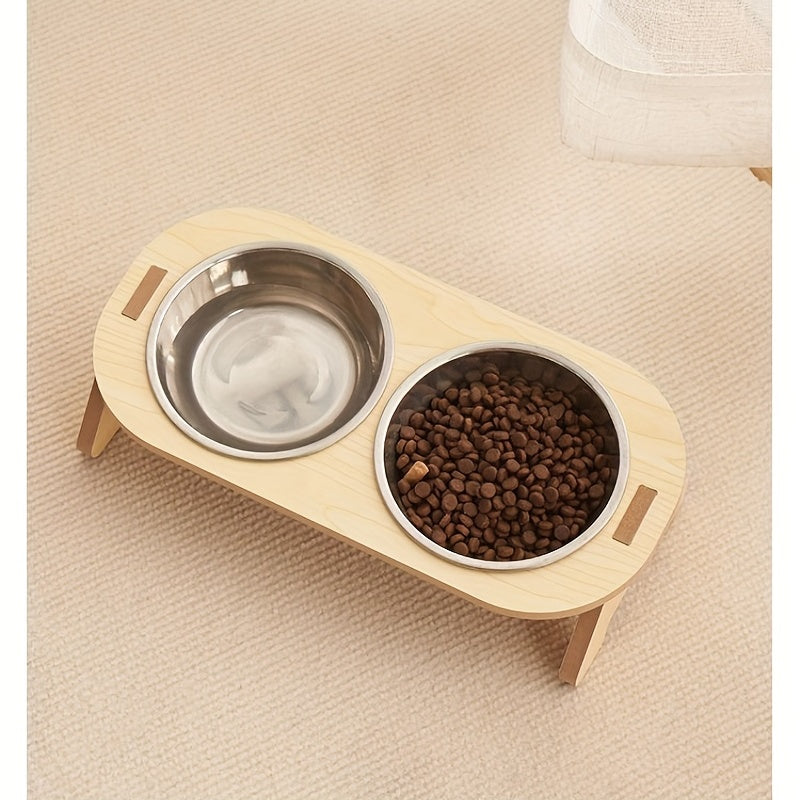 1 Set Elevated Cat Feeding Station, Stainless Steel Bowls with Solid Wood Stand, Raised Food and Water Dishes for Cats, No Battery Required, Elevated Cat Bowls|Sleek Bowl Design|Durable Pet Bowls