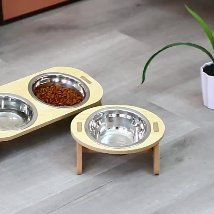1 Set Elevated Cat Feeding Station, Stainless Steel Bowls with Solid Wood Stand, Raised Food and Water Dishes for Cats, No Battery Required, Elevated Cat Bowls|Sleek Bowl Design|Durable Pet Bowls