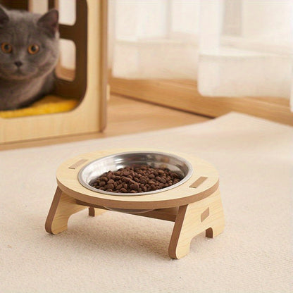 1 Set Elevated Cat Feeding Station, Stainless Steel Bowls with Solid Wood Stand, Raised Food and Water Dishes for Cats, No Battery Required, Elevated Cat Bowls|Sleek Bowl Design|Durable Pet Bowls