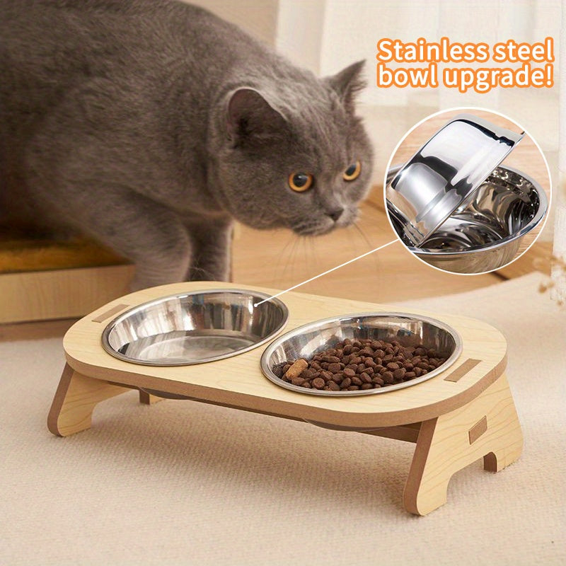 1 Set Elevated Cat Feeding Station, Stainless Steel Bowls with Solid Wood Stand, Raised Food and Water Dishes for Cats, No Battery Required, Elevated Cat Bowls|Sleek Bowl Design|Durable Pet Bowls