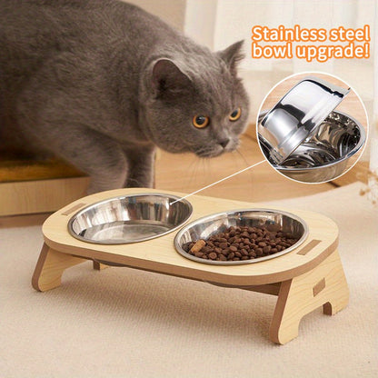 1 Set Elevated Cat Feeding Station, Stainless Steel Bowls with Solid Wood Stand, Raised Food and Water Dishes for Cats, No Battery Required, Elevated Cat Bowls|Sleek Bowl Design|Durable Pet Bowls