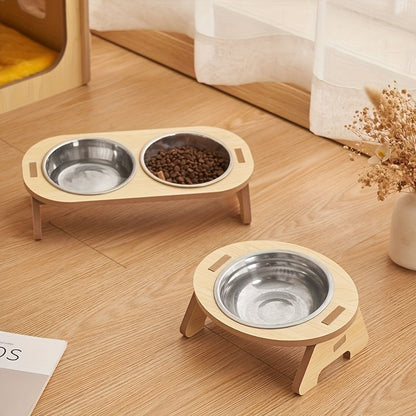 1 Set Elevated Cat Feeding Station, Stainless Steel Bowls with Solid Wood Stand, Raised Food and Water Dishes for Cats, No Battery Required, Elevated Cat Bowls|Sleek Bowl Design|Durable Pet Bowls