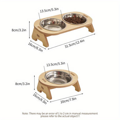 1 Set Elevated Cat Feeding Station, Stainless Steel Bowls with Solid Wood Stand, Raised Food and Water Dishes for Cats, No Battery Required, Elevated Cat Bowls|Sleek Bowl Design|Durable Pet Bowls