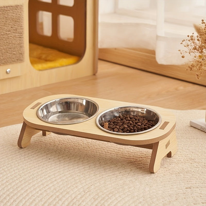 1 Set Elevated Cat Feeding Station, Stainless Steel Bowls with Solid Wood Stand, Raised Food and Water Dishes for Cats, No Battery Required, Elevated Cat Bowls|Sleek Bowl Design|Durable Pet Bowls