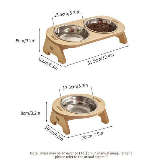 1 Set Elevated Cat Feeding Station, Stainless Steel Bowls with Solid Wood Stand, Raised Food and Water Dishes for Cats, No Battery Required, Elevated Cat Bowls|Sleek Bowl Design|Durable Pet Bowls