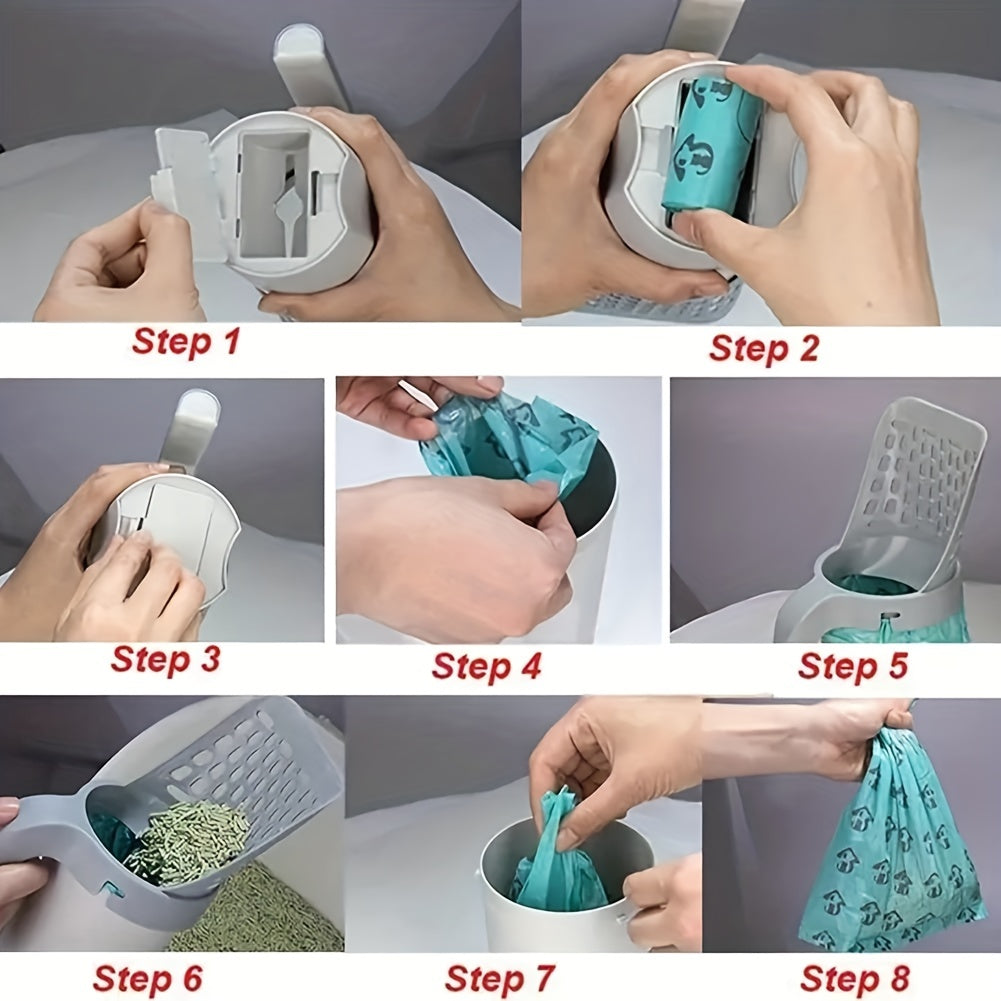 Cat Litter Scoop with Built-In Poop Bag Holder – Includes 120pcs Waste Bags