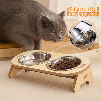 1 Set Elevated Cat Feeding Station, Stainless Steel Bowls with Solid Wood Stand, Raised Food and Water Dishes for Cats, No Battery Required, Elevated Cat Bowls|Sleek Bowl Design|Durable Pet Bowls