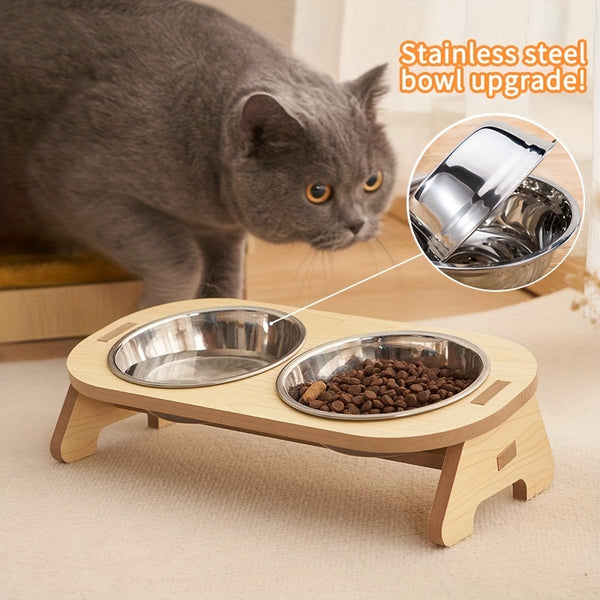 1 Set Elevated Cat Feeding Station, Stainless Steel Bowls with Solid Wood Stand, Raised Food and Water Dishes for Cats, No Battery Required, Elevated Cat Bowls|Sleek Bowl Design|Durable Pet Bowls