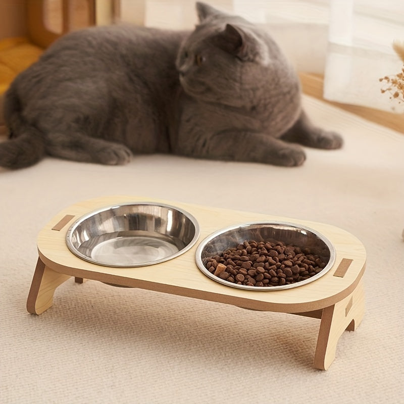 1 Set Elevated Cat Feeding Station, Stainless Steel Bowls with Solid Wood Stand, Raised Food and Water Dishes for Cats, No Battery Required, Elevated Cat Bowls|Sleek Bowl Design|Durable Pet Bowls