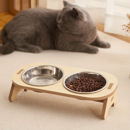 1 Set Elevated Cat Feeding Station, Stainless Steel Bowls with Solid Wood Stand, Raised Food and Water Dishes for Cats, No Battery Required, Elevated Cat Bowls|Sleek Bowl Design|Durable Pet Bowls